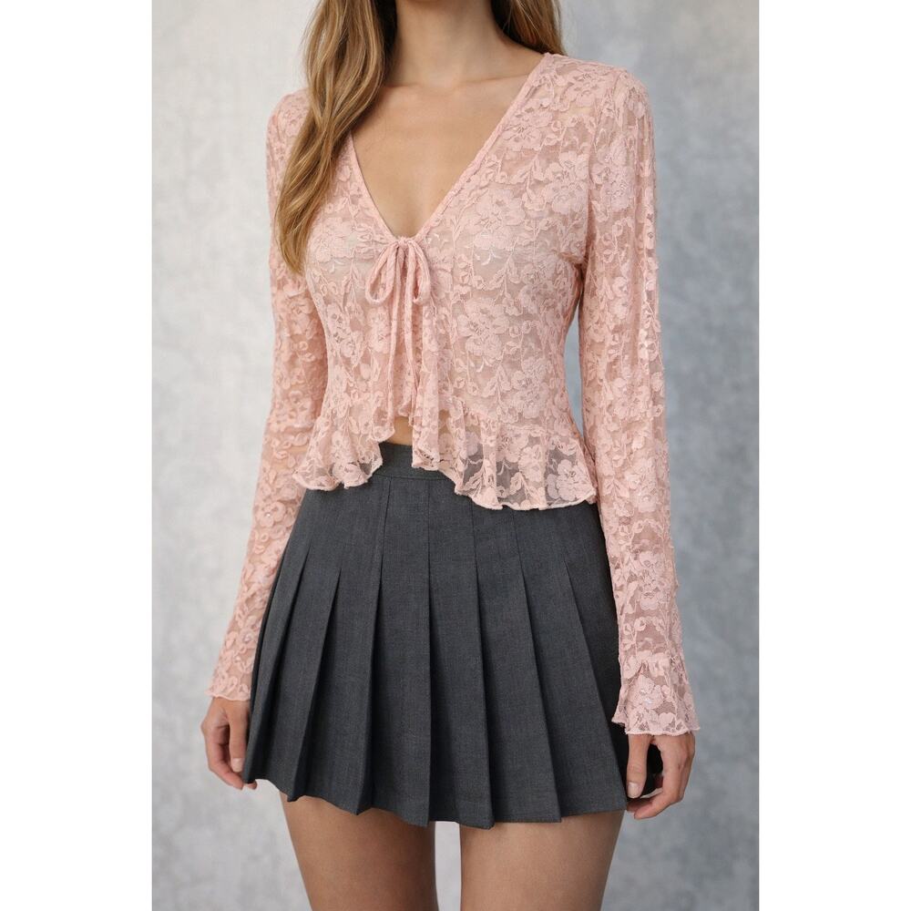 Y2K Pink Lace Top M Long Sleeve Peplum Ballerina Ballet Fairy‎ Feminine Layering
